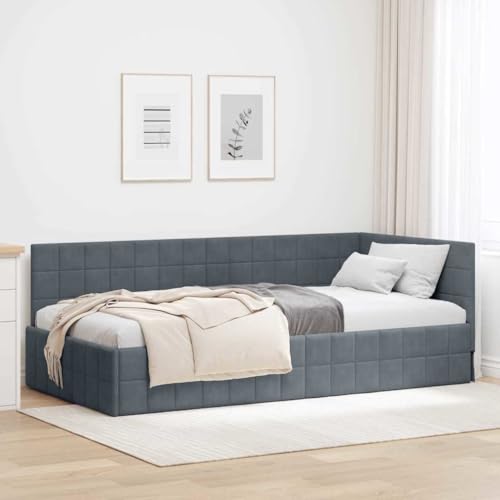 vidaXL Eckbettgestell mit Kopfteil Dunkelgrau 90 cm x 200 cm Samt, Elegantes Schlafzimmer, moderner Plüschbettgestell, platzsparend, vielseitiges Eck-Liegebett, langlebiges Möbel