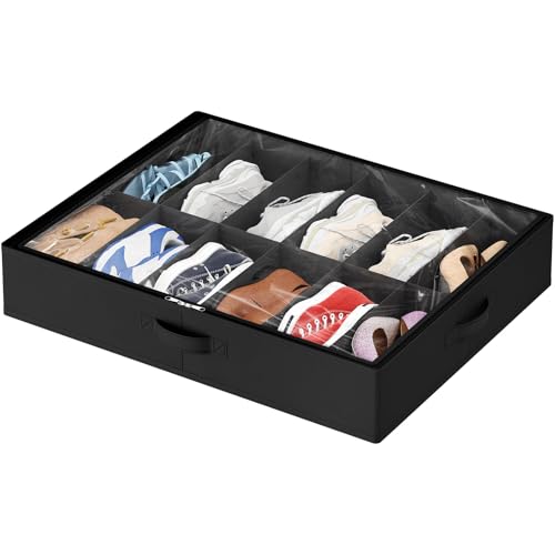 Lifewit Organizer na Buty z Przezroczystym Okienkiem, Składana Torba do Przechowywania z Uchwytem Pod Łóżko, Shoe Storage Box, Czarny, 1 x 12 Par, Zestaw 1 Sztuk