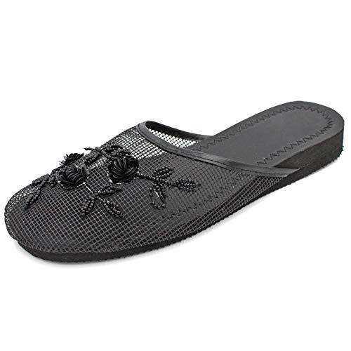 Cammie Women's Floral Beaded Mesh Black Chinese Slippers 9 B(M) US