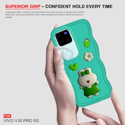 Image of AESTMO Back Case Cover for Vivo V30 / V30 Pro 5G | 3D Cute Fun Cartoon Characters | Anti Slip Grip Cute Wave Curly Frame Shape | Full Body Protection Back Cover for Vivo V30 / V30 Pro 5G (MintGreen)
