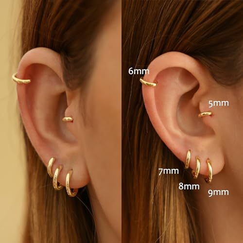 925 Sterling Silver Small Hoop Earrings for Women,Gold or Silver,14K Gold Plated Tiny Huggie Earrings fit Cartilage,Helix,Tragus,Earlobe Piercing Jewelry,Lightweight&Hypoallergenic,5mm/6mm/7mm/8mm/9mm4