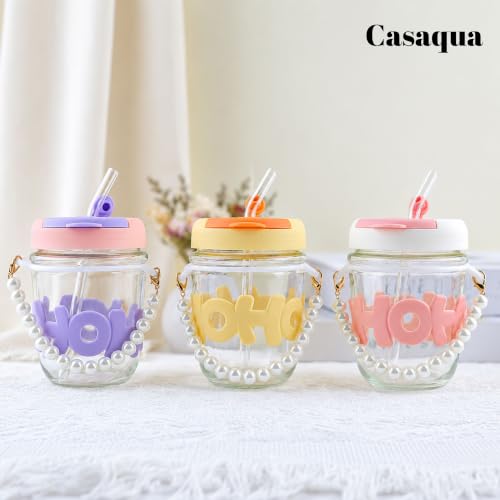 Image of Glass Tumbler with Lid & Straw - 350ml, Set of 1, Pearl Handle, Leakproof Drinking Cup, Silicone Sleeve, Reusable Iced Coffee Cup for Water, Juice, Milk, Bubble Tea & Gifts