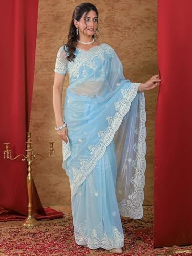 Image of Satrani Women's Net Embroidery Saree with Unstitched Blouse Piece