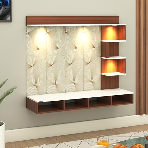 Image of Laura Engineered Wood Wall-Mount TV Unit with Printed PVC Back Panel & LED Lights | TV Cabinet with Storage Box & Decorative Shelves (Walnut /White) for TVs up to 43 Inch | DIY Installation