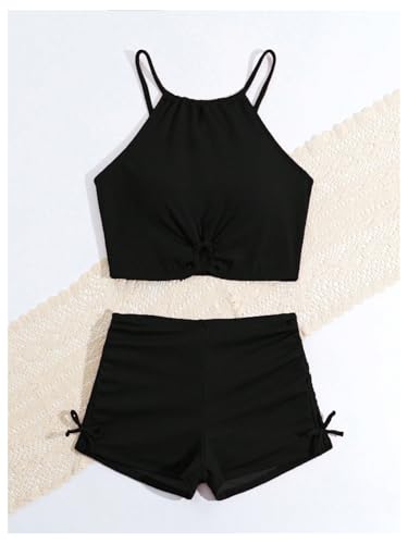 Image of RoseSeek Girl's 2 Piece Swimsuits O Ring Drawstring Sleeveless Cute Bikini Set High Waisted Bathing Suit Black 15Y