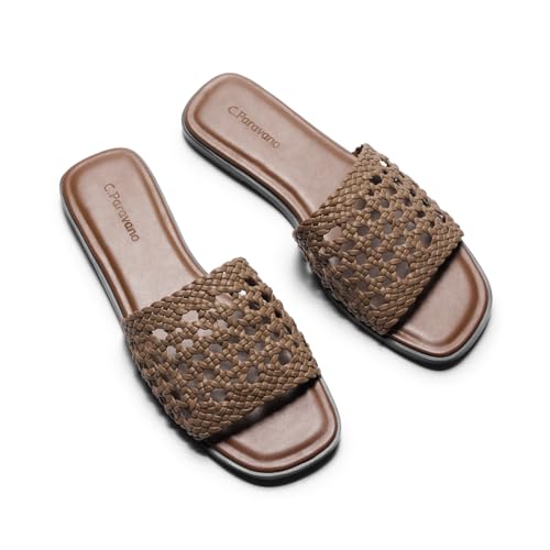 Image of C.Paravano Womens Slides Woven Flats Raffia Sandals Summer Beach Slip ons | handmade woven crafts, Nappa lambskin Insole, Lightweight, Open toe