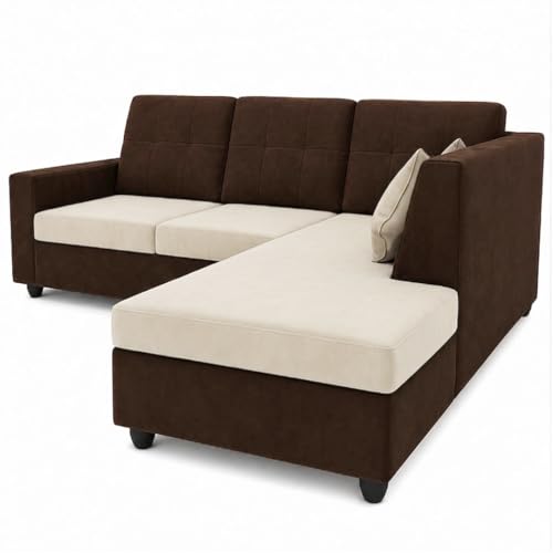 Image of FURNY Nathan 4 Seater L Shape Sofa Set RHS (Dark Brown-Cream) | Suede Velvet Finish | Durable Comfort Sofa for Modern Living Room & Office Spaces