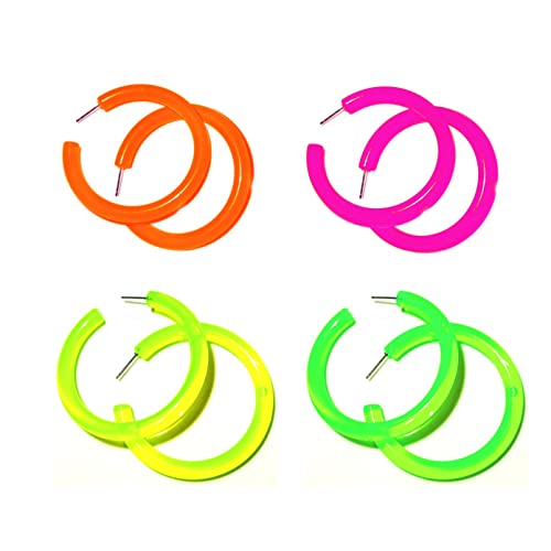 4 Pairs Candy Color Circle Round Hoop Earrings for Women Big Retro Star Heart Neon Earrings Stud Dangle Bright Fluorescence Exaggerated Statement jewelry