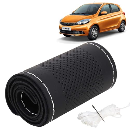 Image of KINGSWAY PU Leatherite Car Steering Cover Sewable Compatible with Tata Tiago (Year 2020 Onwards), Black Color with Silver Thread, Pack of 1 with Sewing Needle and Thread
