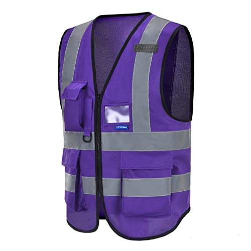 Image of High Visibility Reflective Vest with 7 Pockets, Zipper, Purple, S | Purple S work vest with clear ID holder, mic tabs and reflective strips for material handling and specialty contractors.