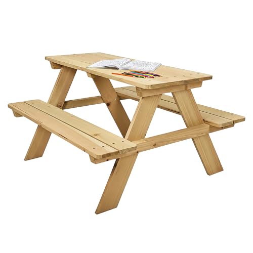 Spetebo Salon de jardin en bois massif pour enfants à partir de 4 ans – 89 x 79 cm – Salon de jardin en bois – Table de pique-nique – Meubles de jardin pour...
