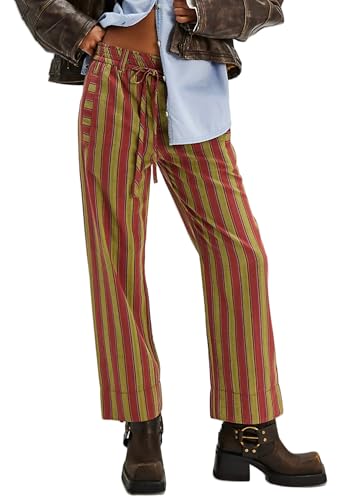 Women Casual Drawstring Elastic Waist Loose Wide Leg Striped Pants with Pockets