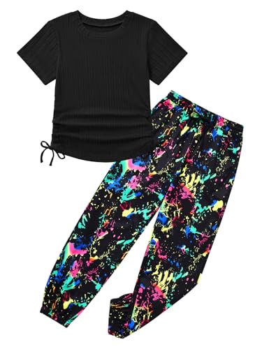 Image of ESHOO Teen Girls 2 Piece Outfits Kids Girls Ruched Drawstring Ribbed Knit Short Sleeve T Shirt Camouflage Pants Clothing Set