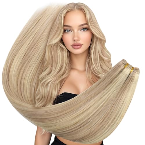 Ugeat Weft Extensiones de Cabello Humano, Sew in Extensiones de Cabello Natural para Mujeres, Rubia Dorada con Rubia Media 16pulgadas/40cm