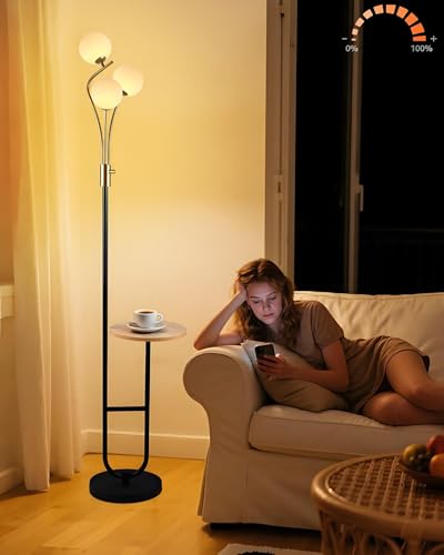 Image of Lightdot Dimmable Gold &Black Floor Lamp with Tray 65IN Mid Century Standing Lamps with Shelf, 3000K Warm White Bulbs Included, Modern Globe Floor Lamp for Living Room /Bedroom /Sofa Beside /Corner Decor