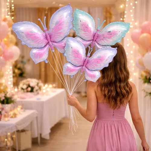 Image of Wanna Party Butterfly Balloons - 4 PCS Pink Purple & Blue Mylar Foil Balloons for Girls Women's Butterfly Theme Party Wedding Birthday Baby Shower Decoration
