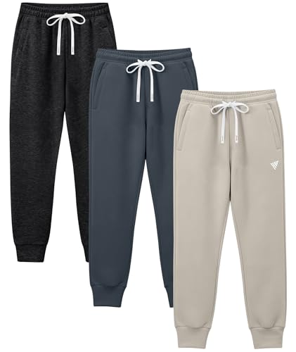 Holure 3 Pack Boys Cotton Tracksuit Bottoms Youth Kids Jogging Pants with Zipper Pockets Adjustable Waist Soft Baggy Sweatpants Sports School Carbon Black/Dark Gray/Khaki 3P03-XS