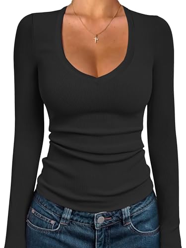 iGENJUN Women Long Sleeve V Neck Shirts for Women Business Casual Work Top Knit Slim Fit for Fall,Black,M