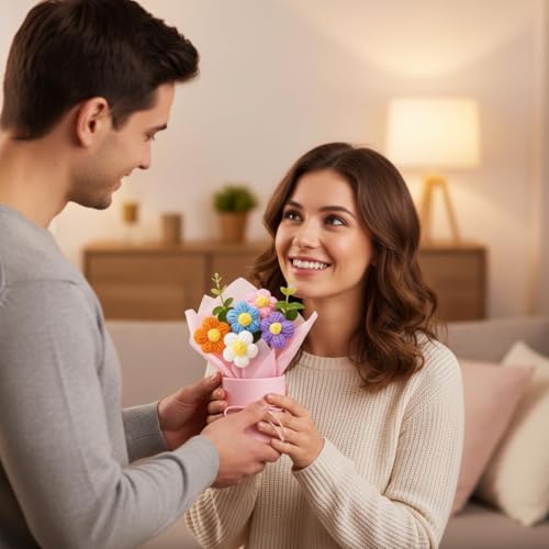 Image of Colorful Handmade Mini Flower Bouquet Gift - Crochet Artificial Flowers in Pot | Cute Bright Desk Decor | Birthday, Anniversary, Return Gift for Women & Girls | Long Lasting Floral Decoration