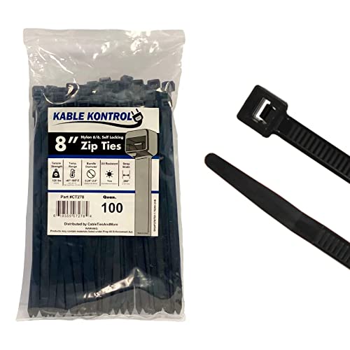 Kable Kontrol Heavy Duty Cable Zip Ties 100 Pcs 8 Inch Black, 120 Lbs Tensile Strength, Self-Locking Uv Resistant Plastic Nylon Wire Ties, For Indoor Or Outdoor Use #TOP1