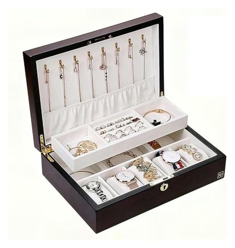 KEuLen Joyero de Madera, Caja Joyero, Joyero Madera, Joyero de Madera de 2 Capas, Organizador de Joyas for Collares, Pendientes, Anillos, Pulseras y Relojes.(Dark Red)