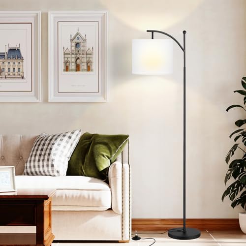 Image of Ambimall 60 inch Floor Lamp with 3 Color Temperatures, Adjustable White Shade, Black Pole - Tall Lamp for Living Room, Bedroom, Office, Classroom, Dorm - 9W Bulb Included