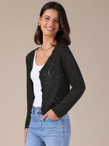 Allegra K Women's Casual Cropped Cardigan Long Sleeve Lightweight Button Up Crochet Knit Sweater Shrug2