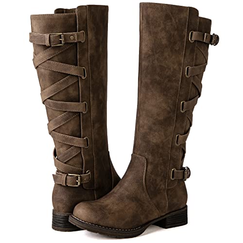 GLOBALWIN Women's Camel Knee High Motorcylce Boots Strappy Boots For Women 8.5M - image 2
