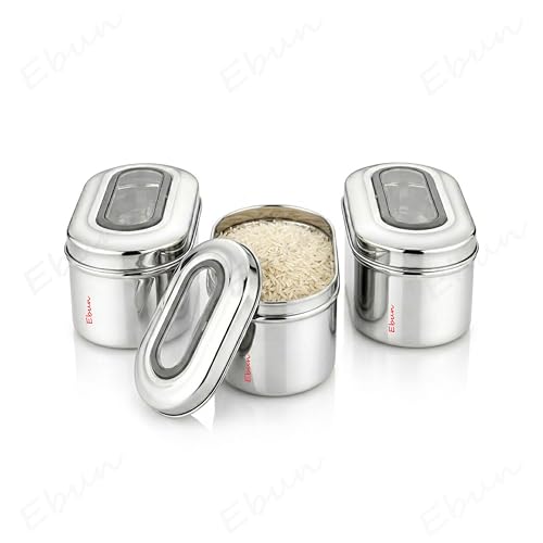 Image of Ebun Stainless Steel Top See Through Containers | Stainless Steel Container with Lid | Capsule Shape Steel Kitchen Containers Set | Steel Airtight Container | 500 Gms Capacity Approx | Pack of 3