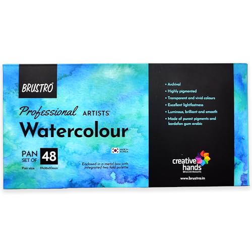 Image of BRUSTRO Artists Professional Watercolour Half Pan Set of 48 | Ideal for Landscape, Portrait, Paper, Painting Dry & Wet, Fine Art