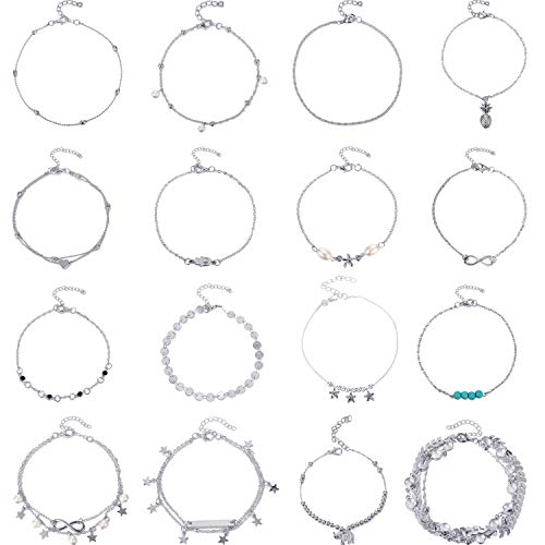 Yaomiao 16 Pieces Beach Ankle Bracelets Adjustable Anklets Boho Ankle Chains Foot Jewelry Set for Women Girls (Silver Plated)