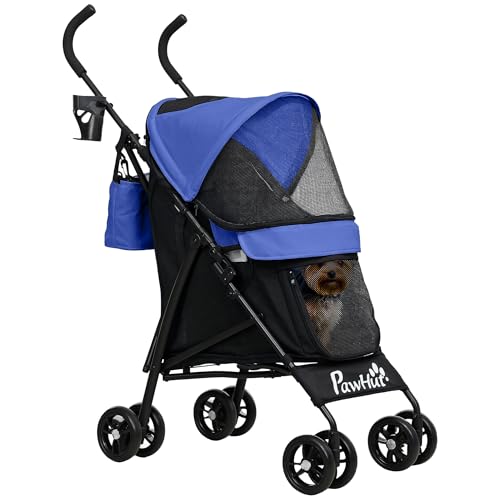PawHut Pet Stroller for Miniature Dogs, Foldable Dog Stroller with Shoulder Strap, 4 Wheels Pet Pram with Storage Bag, Cup Holder, Dark Blue