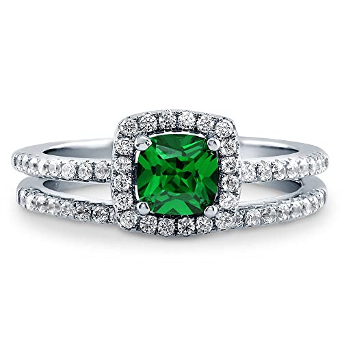 BERRICLE Sterling Silver Halo Wedding Engagement Rings Simulated Emerald Cushion Cut Cubic Zirconia CZ Ring Set for Women, Rhodium Plated2