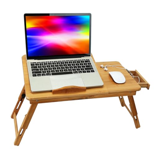 Bamboo Laptop Desk, Breakfast Serving Bed Tray, Adjustable Portable Laptop Stand Table with Tilting Top Storage Drawer, Heat Dissipation Design for Bed and Sofa, Working and Watching Movie