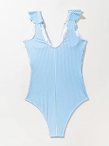 WDIRARA Women's Striped Ruffle One-Piece Swimsuit V Neck Wide Strap Sleeveless Stretchy Bathing Suit4