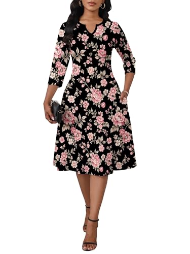 Image of PinkPatty Women's Casual 3 /4 Sleeve Midi Dresses Fit and Flare Church Work Dress with Pockets