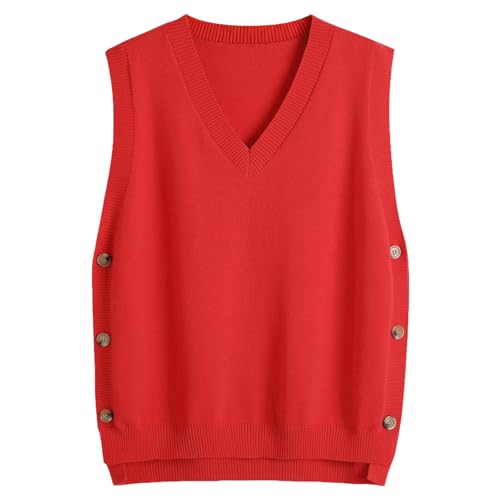 Image of Blostirno Women's V Neck Sweater Vest Ribbed Side Split Button Sleeveless Knit Pullover Sweaters Tops