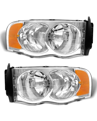 ADCARLIGHTS Headlight Assembly Pair for 2002-2005 Dodge Ram 1500 2003-2005 Ram 2500 3500 Chrome Housing Amber Reflector Clear Lens W/O Bulbs