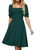 ISIHIEI A Line Casual Dresses for Women Church Elegant Knee Length Square Neck Slim Fit and Flare Dress for Summer Wedding (IS018Dark Green,XL)
