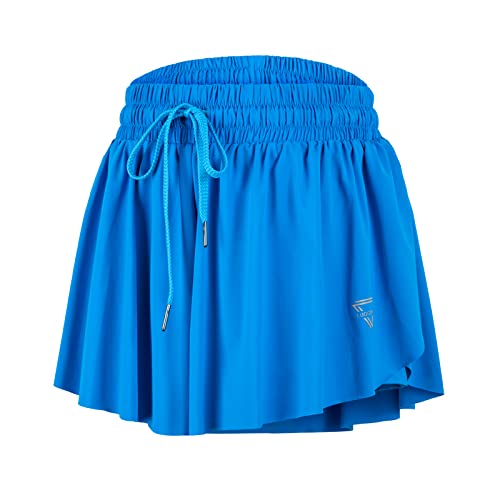 2 in 1 Flowy Gym Shorts Women Yoga Athletic Workout Running Clothes Butterfly Spandex Comfy Lounge Sweat Skirt Casual Summer Beach (S, Blue)