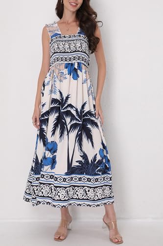 Image of Women Summer Boho Maxi Dress Casual Hawaiian Sleeveless Square Neck Beach Vacation Dresses