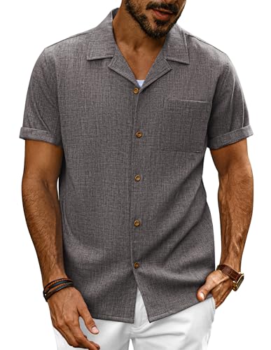 PJ PAUL JONES Camisa de manga corta para hombre, cuello cubano, camisa de playa de verano, gris oscuro, M