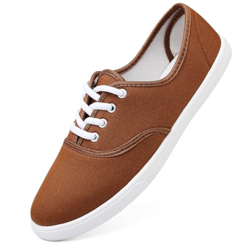 Image of Womens White Canvas Sneakers Lightweight Lace Up Fashion Comfortable Canvas Shoes Low Top Slip On Casual Tennis Walking Shoes Women Footwear