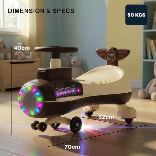 Image of Baybee Zygo Baby Swing Car for Kids with LED Lights & Music | 360 Steering Twister Push Ride On with Wide Seat, Storage & Smooth Glide | Wiggle Magic Car for Boys & Girls Aged 3+ Years (Brown)