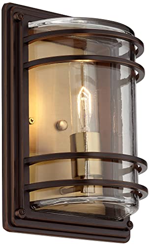 Image of John Timberland Habitat Industrial Rustic Wall Light Sconce Bronze Warm Brass Hardwired 7 1 /2 inch Fixture Clear Glass Shade for Bedroom Bathroom Vanity Reading Living Room Hallway House Home Decor
