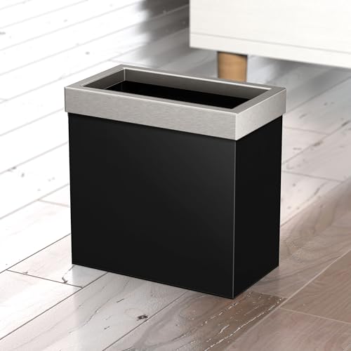 Image of Gatco Small Bathroom Trash Can with Lid, Rectangle 3 Gallon Stainless Steel Wastebasket, Under Sink, Matte Black and Satin Nickel, for Bathroom, Bedroom, Office (1918SN)
