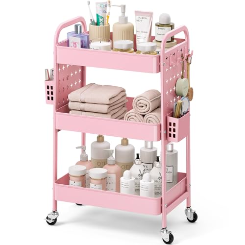Image of KINGRACK 3 Tier Rolling Cart with DIY Pegboard, Metal Utility Cart with Wheels, Hooks & Baskets, Sturdy Storage Organizer for Craft, Bathroom, Kitchen, Office, Nursery, Classroom(Pink)