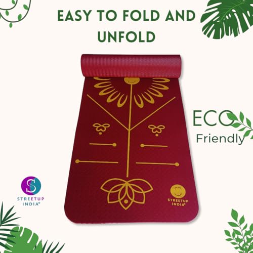 Image of Streetup India TPE Yoga Mat With Body Alignment |6 mm Thickness| for Men and Women| Ideal Exercise Mat For Yoga, Pilates And Workout| Anti Skid (Maroon)