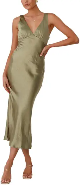 Green Satin Silk Dress: Sleeveless V-Neck Backless Maxi for Women