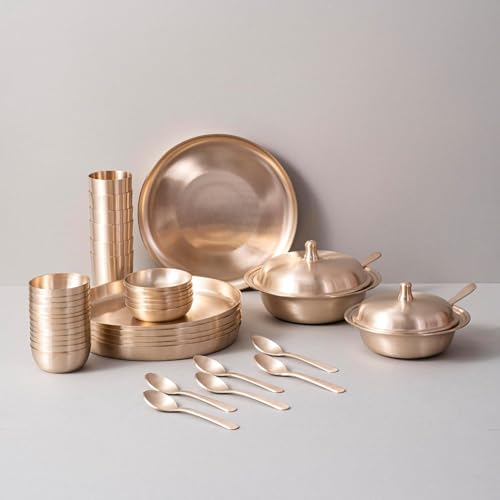 Image of Indian Dining Collection Bronze Dinner Set for Traditional Meals | Handcrafted Kansa Thali Set with Bowls, Glass (Matte Finish | 40-Matte Finish | 40-Piece (Serves 6) Piece (Serves 6))